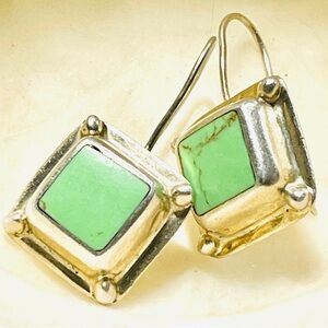 Taxco TI 118 Sterling Silver & Inlaid Greenish Turquoise Earrings Square Dangles